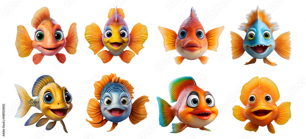 Fototapeta premium Colorful Cartoon Fish Characters with Happy Expressions and Detail, Isolated on Transparent, white background