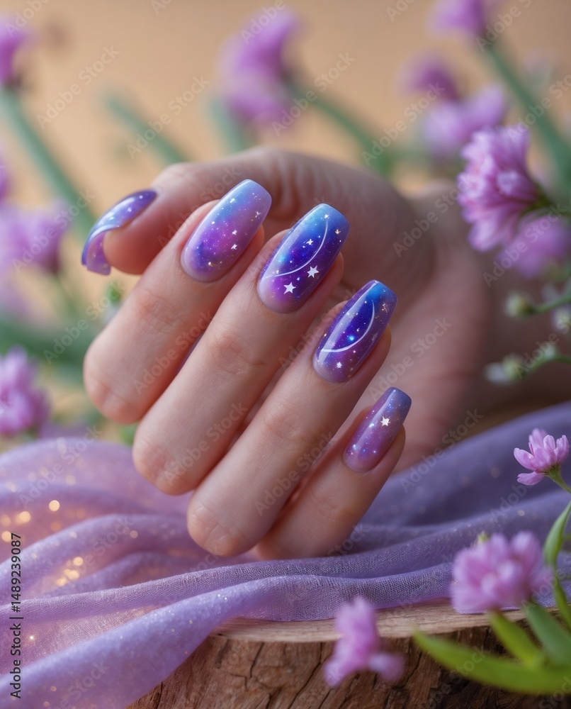 Fototapeta premium Galactic Nail Art with Purple Flowers and Wooden Base