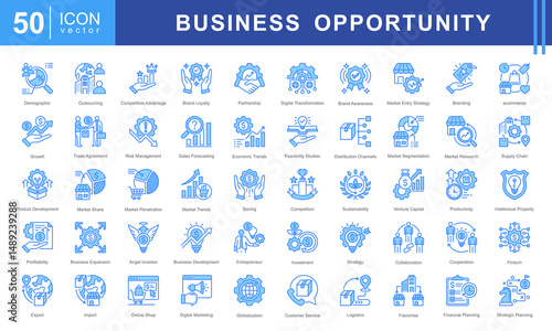 Business Opportunity icon set featuring icons for investment, market research, branding, sales strategy, and digital transformation. Ideal for startups, business planning, and entrepreneurial growth.