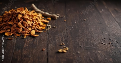 Dried turmeric, coriander, cinnamon on dark wood , background, wood, rustic