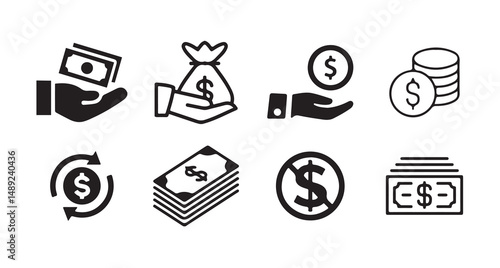 Hand Holding Money Icons – Cash Payment, Dollar Bag, Currency Exchange, Financial Transaction Symbols.