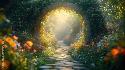 Fototapeta Naklejka Na Ścianę i Meble -  Sunlit stone path winding through an arched garden tunnel covered with lush flowering plants and vibrant colorful flowers creating a magical inviting atmosphere