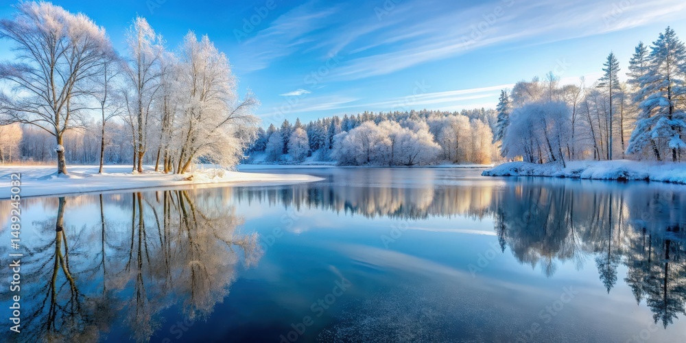 Fototapeta premium Frozen lake in winter forest with bare trees and snow-covered landscape, serene atmosphere