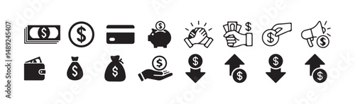 Finance and Money Transfer Icons Hand with Cash, Dollar Up & Down Symbols.