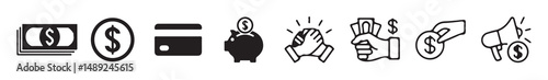 Financial Partnership and Saving Icons Handshake, Money, Credit Card & Piggy Bank Symbols. vector illustration eps 10.