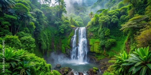 Overhead view of lush tropical foliage and misty water cascading down a rocky cliffside in a scenic waterfall setting with greenery surrounding it , nature, cliff
