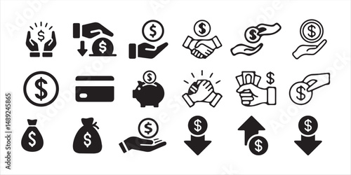 Finance and Money Transfer Icons Hand with Cash, Dollar Up & Down Symbols.