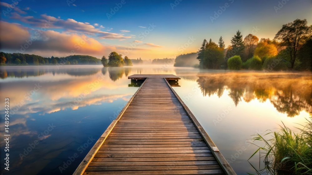 Fototapeta premium Serene wooden pier stretching into a mirror-like calm lake at sunrise with misty atmosphere and reflections, sunrise, wooden pier