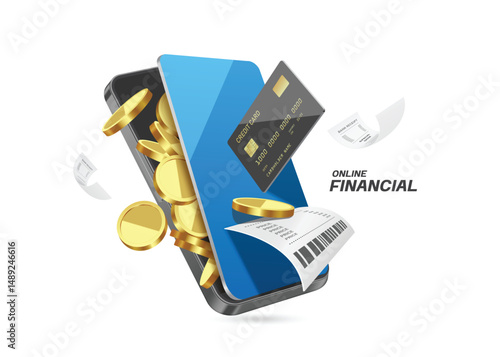 Pay for online purchases with a credit card using your smartphone and paper receipt or invoice comes out and floats in air around you, vector 3d isolated for online shopping, digital wallet concept