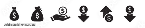 Finance and Money Transfer Icons Hand with Cash, Dollar Up & Down Symbols.vector illustration eps 10.
