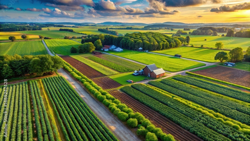 Fototapeta premium Aerial view of a lush green farm with crops ready for harvest, showcasing mature and healthy plants amidst the vibrant landscape