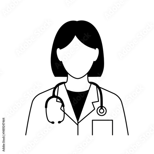 Line drawing of a female doctor with a stethoscope and lab coat in black and white illustration style