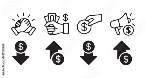 Finance and Money Transfer Icons Hand with Cash, Dollar Up & Down Symbols.vector illustration eps 10.
