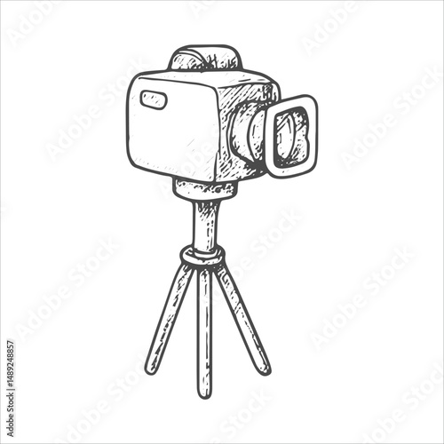 A hand-drawn camera on a tripod, symbolizing video production, content creation, and streaming, perfect for influencers and creators capturing high-quality footage