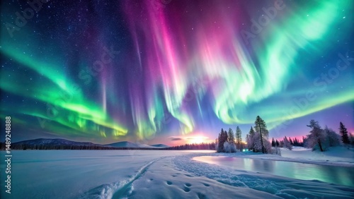Dancing Aurora Borealis Over Snowy Landscape, pink lights, Northern Lights
