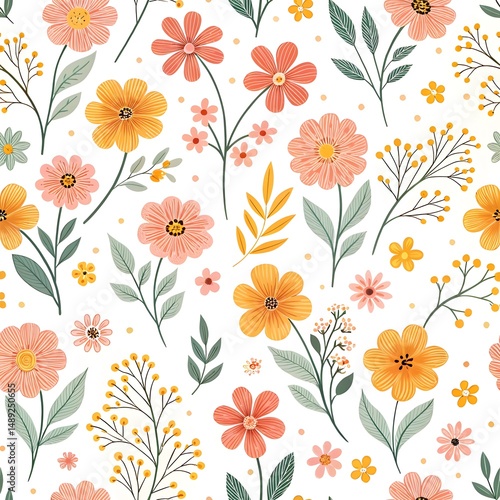 Wallpaper Mural “Seamless vintage floral pattern with yellow and pink hand-drawn flowers and green leaves on a white background.”

 Torontodigital.ca