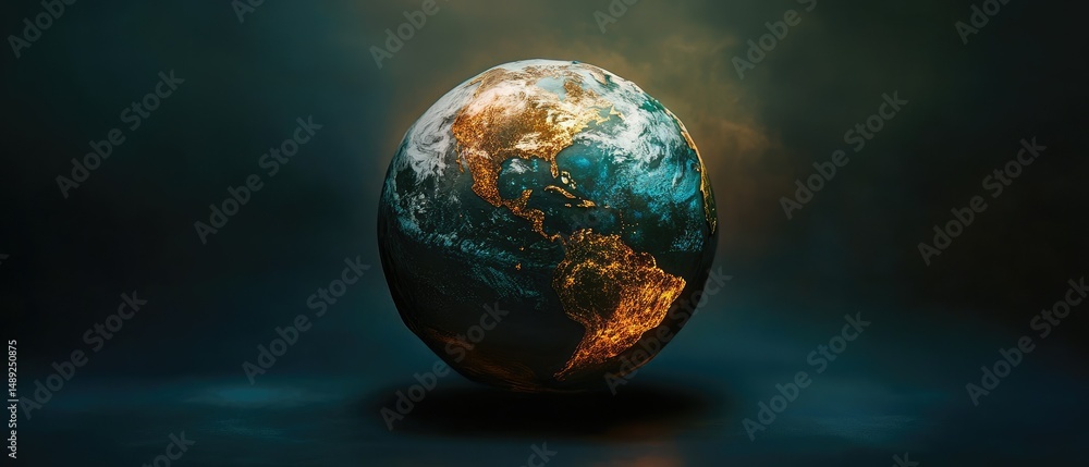 Naklejka premium A stunning digital representation of Earth, showcasing vibrant continents and swirling oceans, illuminated by a warm glow, set against a dark atmospheric background