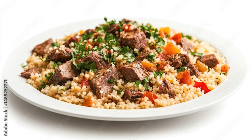 Plated dish of couscous with diced beef, colorful vegetables, and fresh parsley Plated dish of couscous with diced beef, colorful vegetables, and fresh parsley