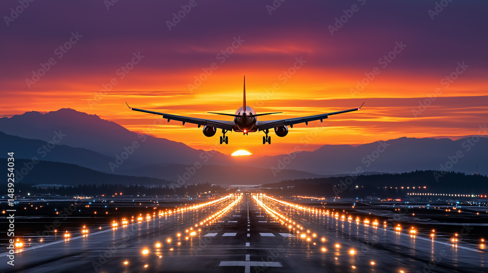 Landing at Sunset: A passenger plane descends towards the runway, its silhouette illuminated by the fiery hues of a breathtaking sunset. Landing at Sunset: A passenger plane descends towards the runway, its silhouette illuminated by the fiery hues of a breathtaking sunset.