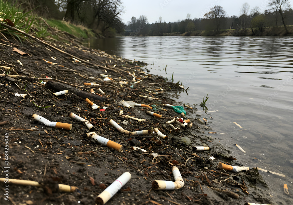 Obraz premium Riverbank litter cigarette butts