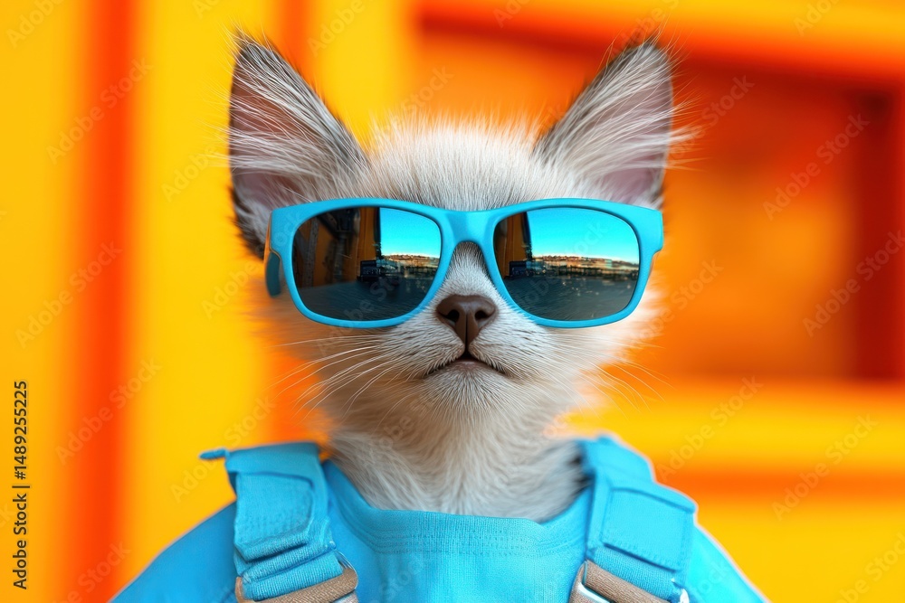 Stylish cat wearing sunglasses and a blue outfit against a vibrant background Stylish cat wearing sunglasses and a blue outfit against a vibrant background