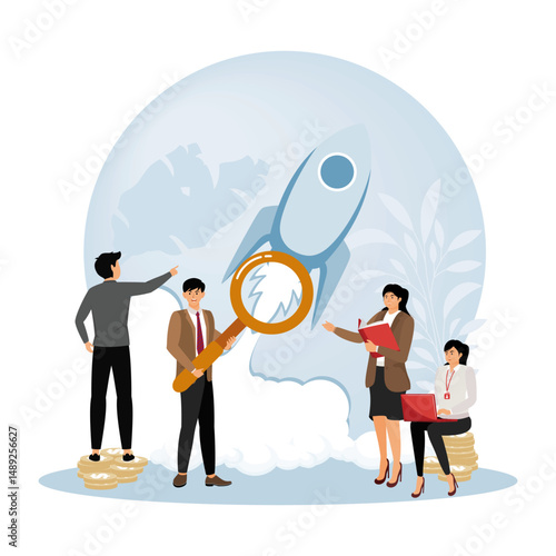 Business Start Up Concept. Business Team Collaborating on Space Project with Launch.