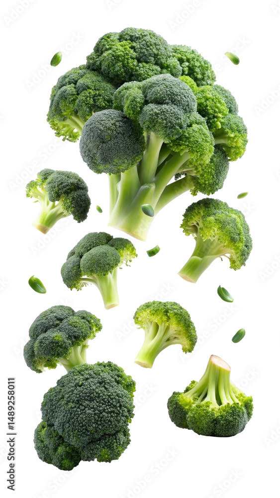 Falling Fresh Broccoli isolated on transparent white background, clipping path Falling Fresh Broccoli isolated on transparent white background, clipping path
