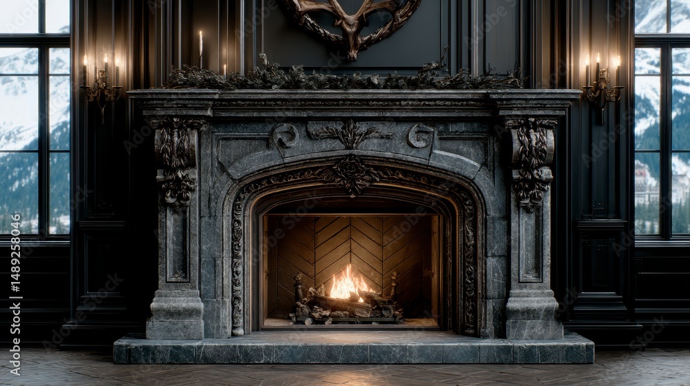 Fototapeta premium Luxurious Chalet Fireplace Winter Mountain View Cozy Interior