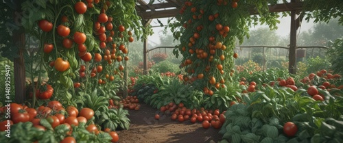 Lush organic produce garden overflowing with ripe tomatoes, peppers, and leafy greens ,  ripe,  nature