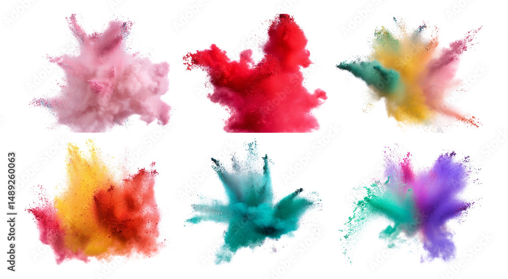 Colorful Powder Explosions, Six Vibrant Hues isolated on transparent background Colorful Powder Explosions, Six Vibrant Hues isolated on transparent background