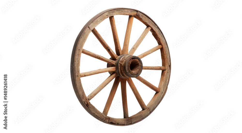 Fototapeta premium Antique Wooden Wagon Wheel, Rustic Farm Decor, Western Theme isolated on transparent background