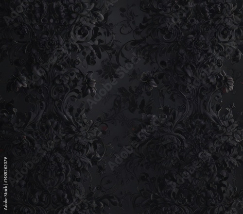 Deep black gothic damask, swirling vines & flowers , wallpaper texture, dark, gothic