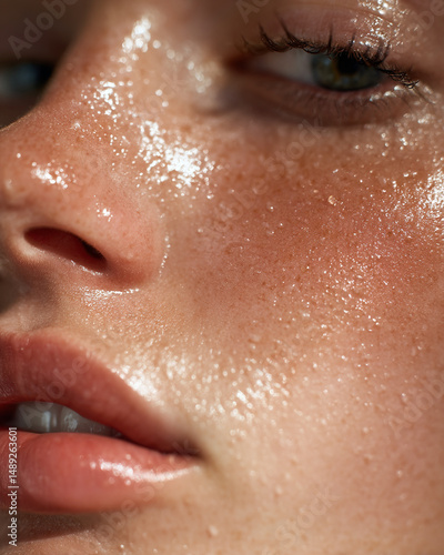 Artistic close-up of glowing, dewy skin under moody lighting, highlighting facial texture and natural luminosity