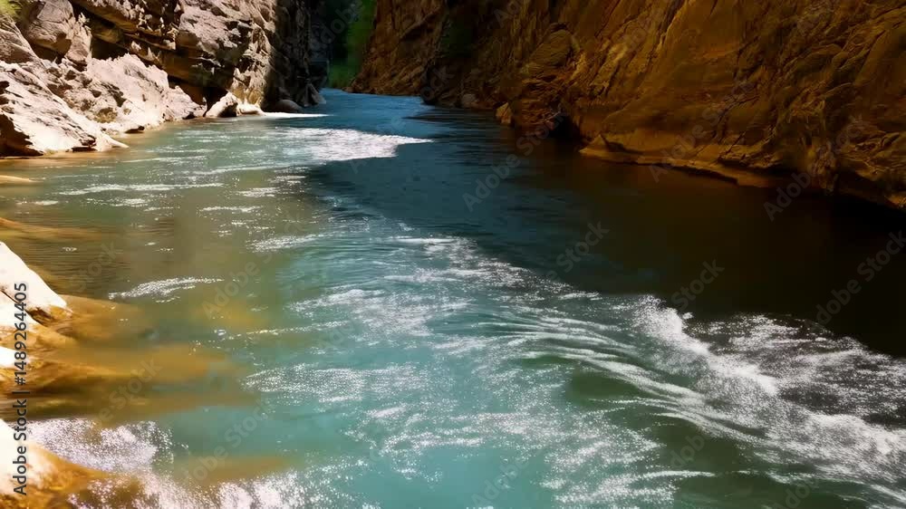 River flows through rocky canyon landscape featuring light reflection and the sun hitting cliff walls with clear turquoise waters. River flows through rocky canyon landscape featuring light reflection and the sun hitting cliff walls with clear turquoise waters.