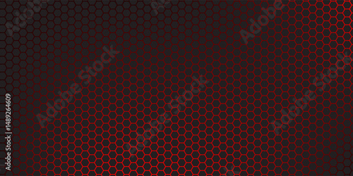 Dark red tech hexagonal vector background. Abstract bright red energy flashes under the hexagons in dark red technology.