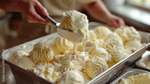 Scooping creamy vanilla ice cream.