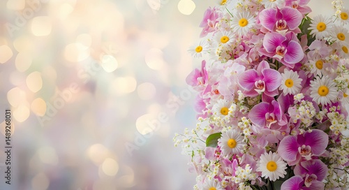 Elegant tall wedding table centerpiece with orchids and daisies, soft bokeh background, and romantic lighting.