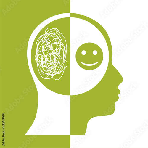 Metaphor bipolar disorder mind mental. Split personality. Concept mood disorder. Head silhouette. Psychology and mental health. Dual personality concept. Tangle and untangle