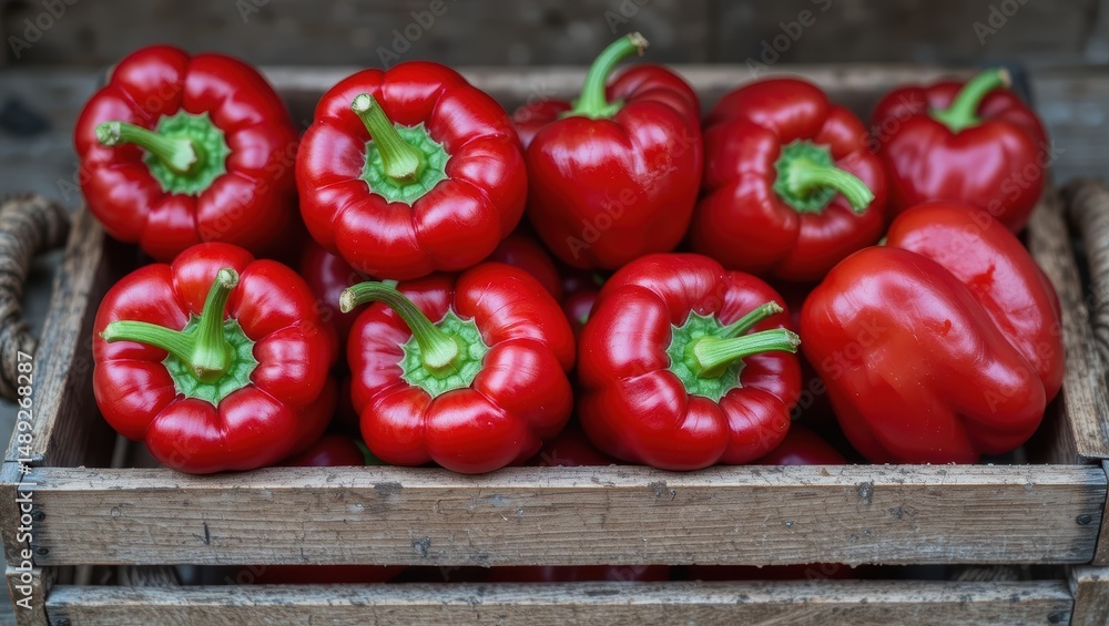 Fresh Red Bell Peppers Harvested and Arranged in a Rustic Wooden Basket Fresh Red Bell Peppers Harvested and Arranged in a Rustic Wooden Basket