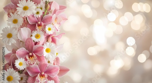 Beautiful wedding table centerpiece with orchids and daisies in a tall vertical floral display, enhanced by soft romantic bokeh lighting.