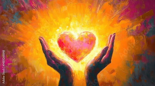 Two hands gently holding and lifting a glowing heart radiating bright warm light with an abstract vibrant background in shades of orange, yellow, and pink