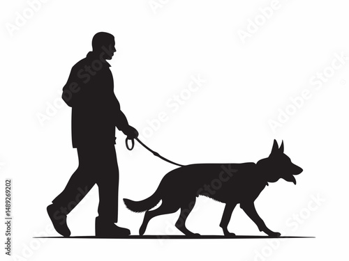 Silhouette of a man walking a german shepherd dog on a leash in a simple black and white illustration created with generated ai