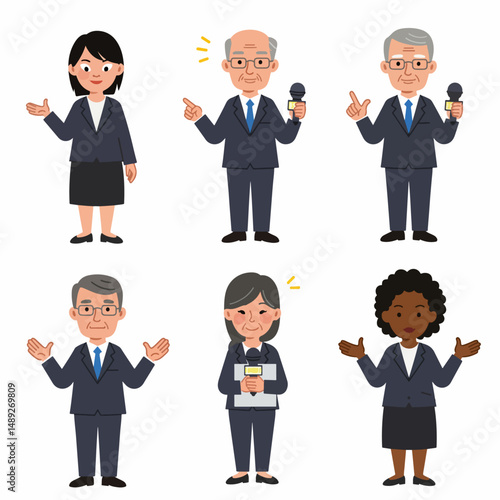 Vector set of 6 broadcaster characters in different poses. flat design, simple, minimalist style. plain white background