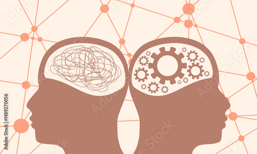Metaphor bipolar disorder mind mental. Split personality. Concept mood disorder. Two head silhouette. Psychology and mental health. Dual personality concept. Tangle and untangle