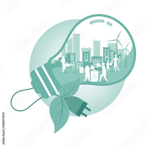 Renewable energy and eco awareness. Green city inside light bulb shaped leaf with family walking.