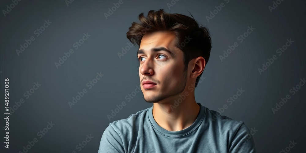 Naklejka premium Focused individual with slumped shoulders, contemplating a new idea; grey background, thoughtful, focus