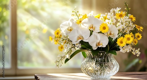 Decorative flowers in crystal vase with soft sunlight on table.