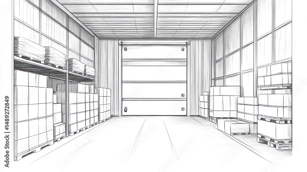 Fototapeta premium Warehouse interior, cargo storage, loading dock, boxes, pallets, industrial building, blueprint design, logistics