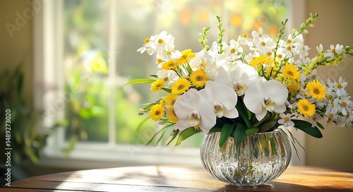 Bright floral arrangement of orchids and daisies in crystal vase with sunlight.