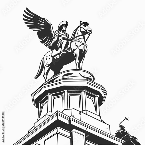 Professional winged horseman statue cutout, isolated on white background, ready for design projects